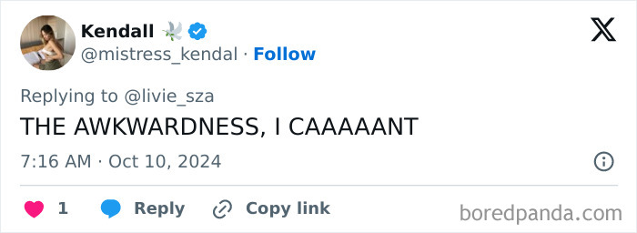 Tweet screenshot reacting to Sabrina Carpenter's onstage X-rated scene, mentioning awkwardness. Tweet screenshot reacting to Sabrina Carpenter's onstage X-rated scene, mentioning awkwardness.