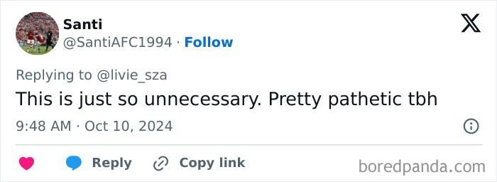 Tweet calling out Sabrina Carpenter for onstage act, describing it as unnecessary and pathetic. Tweet calling out Sabrina Carpenter for onstage act, describing it as unnecessary and pathetic.