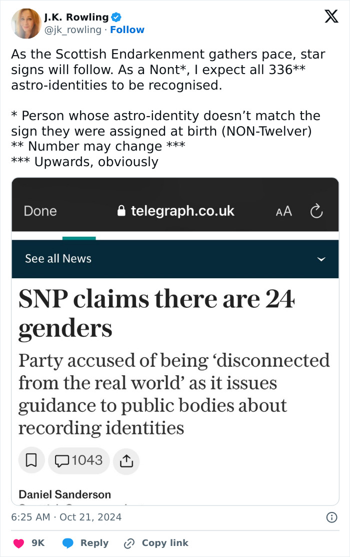JK Rowling And Elon Musk Mock Scottish Government's List Of 24 Genders, Including “Pangender” JK Rowling And Elon Musk Mock Scottish Government's List Of 24 Genders, Including “Pangender”