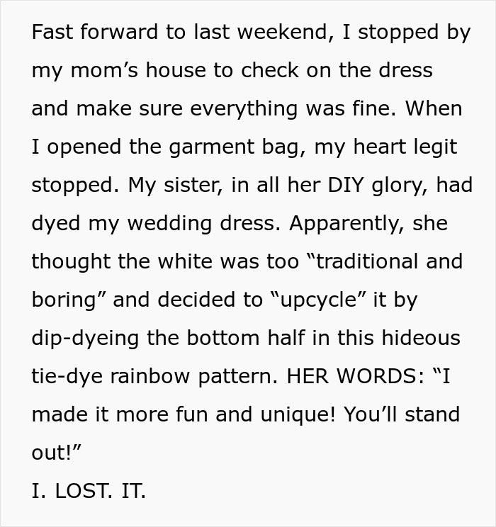 “I Hope Your Husband Cheats”: Woman Ruins Sister’s Wedding Dress, Her Clapback Makes Her Cry “I Hope Your Husband Cheats”: Woman Ruins Sister’s Wedding Dress, Her Clapback Makes Her Cry