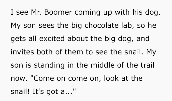 Text describing a child inviting an older man and his dog to see a snail. Text describing a child inviting an older man and his dog to see a snail.