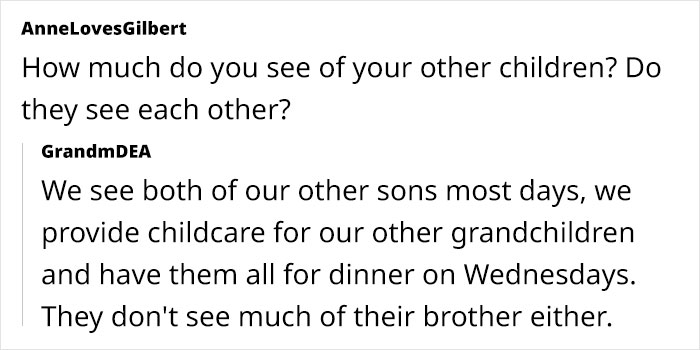 Screenshot of a forum discussion where a woman talks about seeing other grandchildren but not all siblings seeing each other. Screenshot of a forum discussion where a woman talks about seeing other grandchildren but not all siblings seeing each other.
