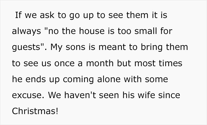 Text from a woman complaining about her daughter-in-law not letting her see the grandkids or visit the house. Text from a woman complaining about her daughter-in-law not letting her see the grandkids or visit the house.