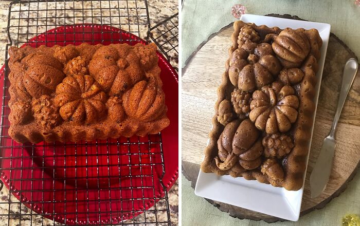 Pumpkin and autumn-themed baked loaf on cooling rack and sliced on white plate, small luxuries for hosting Thanksgiving.