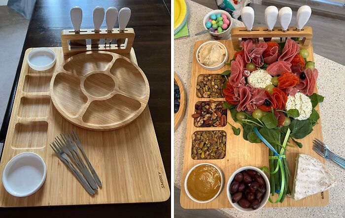 Bamboo serving tray with cheese knives and a gourmet charcuterie board for small luxuries in Thanksgiving hosting.