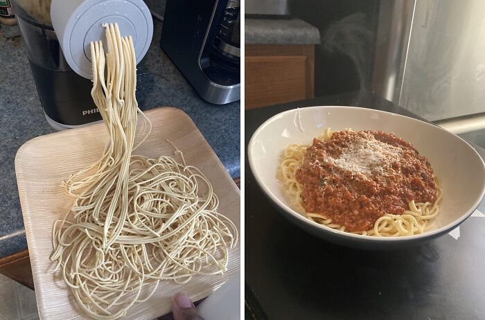 Fresh pasta being made and a bowl of spaghetti with sauce, showcasing small luxuries for hosting Thanksgiving meals.
