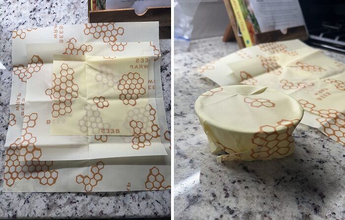 Reusable beeswax food wraps on a kitchen counter, showcasing small luxuries for hosting Thanksgiving with ease.