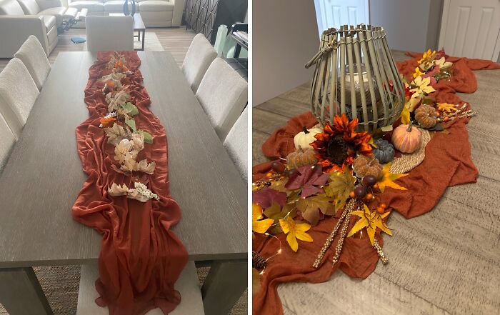Thanksgiving table decorated with fall leaves, pumpkins, and a rustic lantern as small luxuries for hosting.