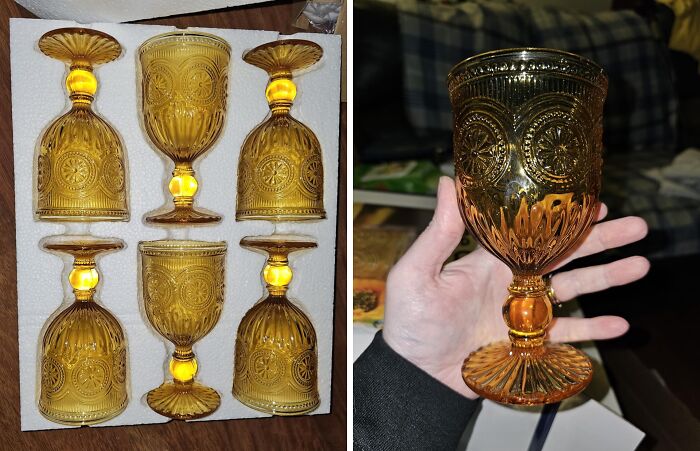 Amber vintage glassware set with ornate design, ideal for adding small luxuries to Thanksgiving hosting decor.