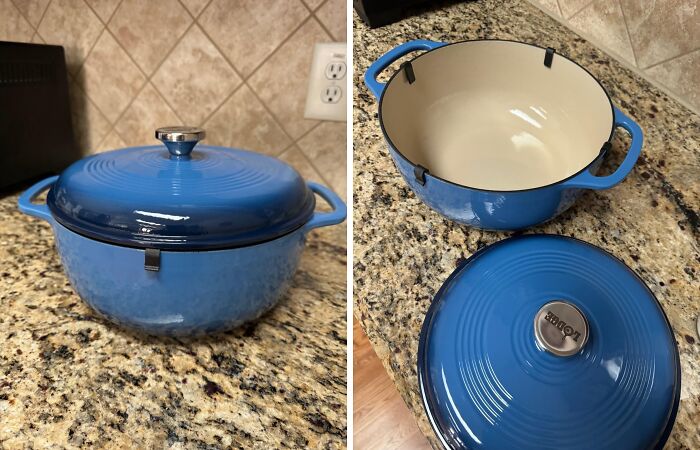 Blue cast iron Dutch oven on granite countertop, a small luxury for hosting Thanksgiving with style and ease.