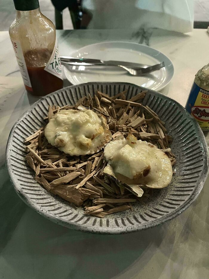 Two cheesy food items served on a bed of wood chips on a patterned plate, showcasing ridiculous restaurant food presentation.