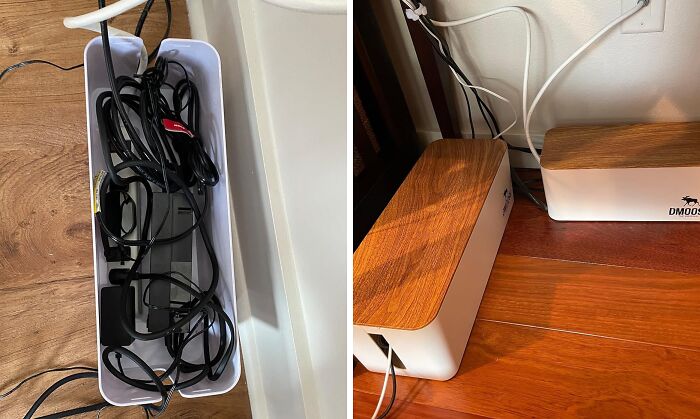 Before and after images of a cord organizer used to conceal and tidy up messy cables and eyesores on a wooden floor.