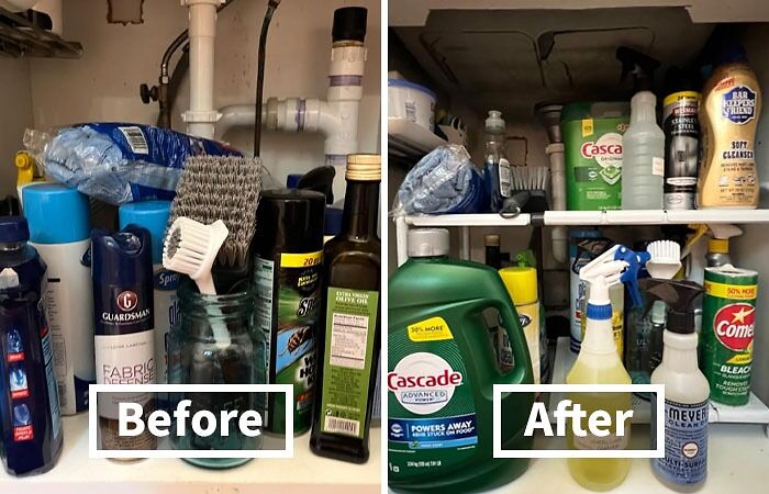 Under-sink cabinet organization hack showing before and after to conceal clutter and improve storage space.