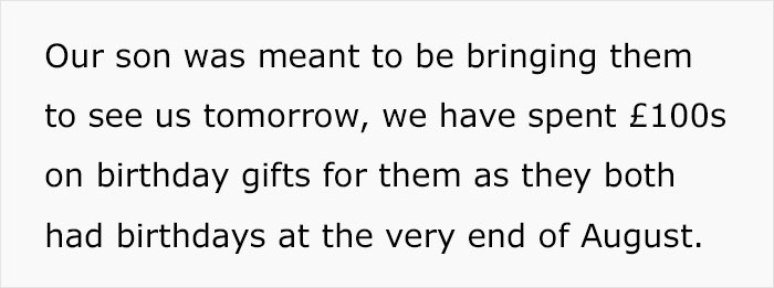 Text showing a woman complaining about her daughter-in-law who won’t let her see the grandkids despite buying birthday gifts. Text showing a woman complaining about her daughter-in-law who won’t let her see the grandkids despite buying birthday gifts.