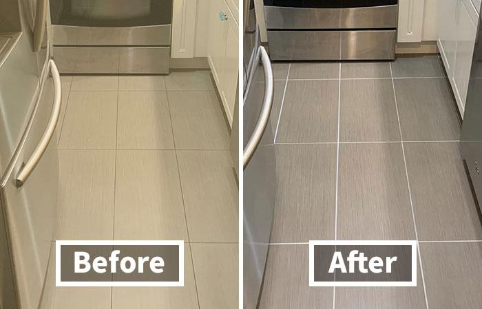 Before and after photos of a kitchen floor showing genius hacks to conceal eyesores and improve tile appearance.
