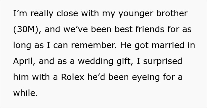 Text discusses a woman's behavior over wedding gifts, with a brother gifting a Rolex for a wedding. Text discusses a woman's behavior over wedding gifts, with a brother gifting a Rolex for a wedding.