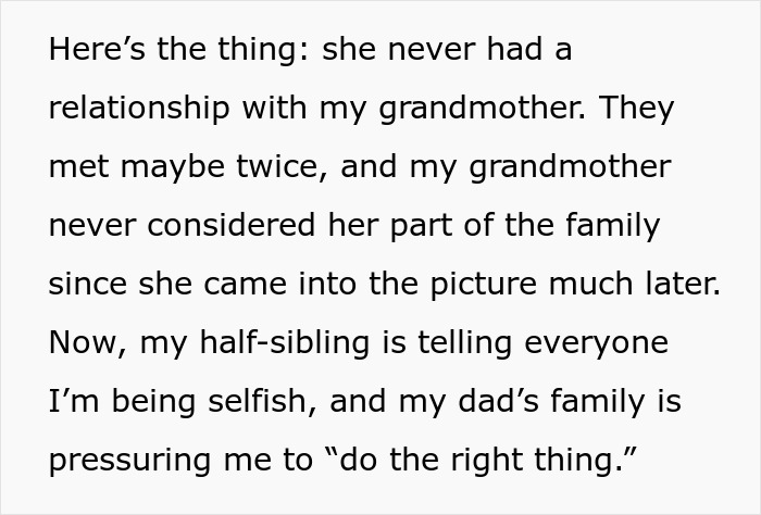 Text discussing family pressure and inheritance issues between siblings and step-sibling. Text discussing family pressure and inheritance issues between siblings and step-sibling.