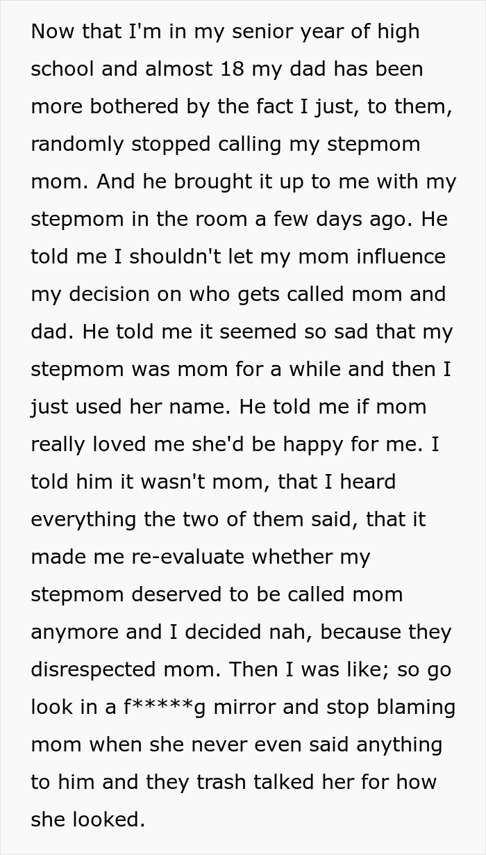 Dad, Stepmom Mock Teen’s Bio Mom, Kid Overhears Them, Quits Calling Stepmom “Mom” For Good Dad, Stepmom Mock Teen’s Bio Mom, Kid Overhears Them, Quits Calling Stepmom “Mom” For Good