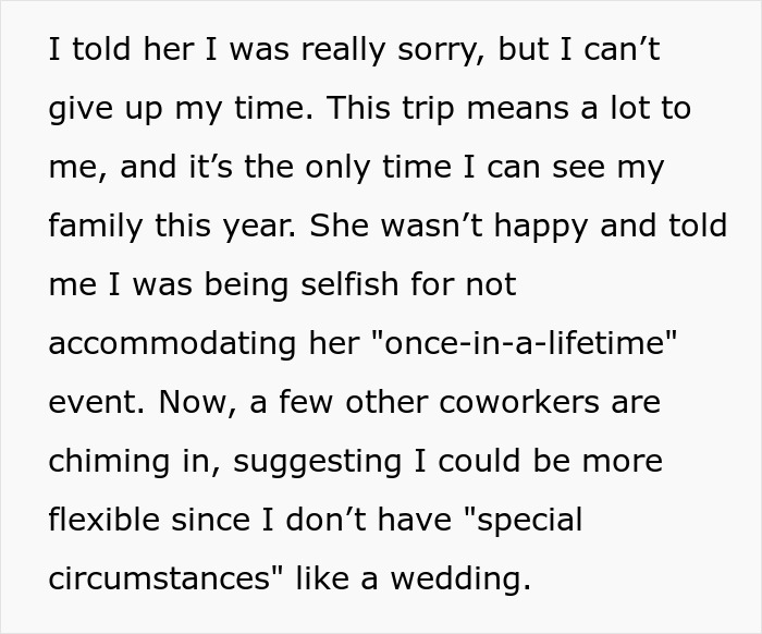 Person Plans Vacation Almost A Year In Advance, Is Chastised For Refusing To Switch With A Bride Person Plans Vacation Almost A Year In Advance, Is Chastised For Refusing To Switch With A Bride