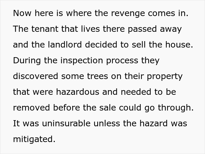 Text describing inspection issues with trees on a property affecting a landlord's sale. Text describing inspection issues with trees on a property affecting a landlord's sale.