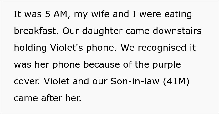 Text excerpt about a family breakfast at 5 AM, involving a mother's failed scolding attempt. Text excerpt about a family breakfast at 5 AM, involving a mother's failed scolding attempt.