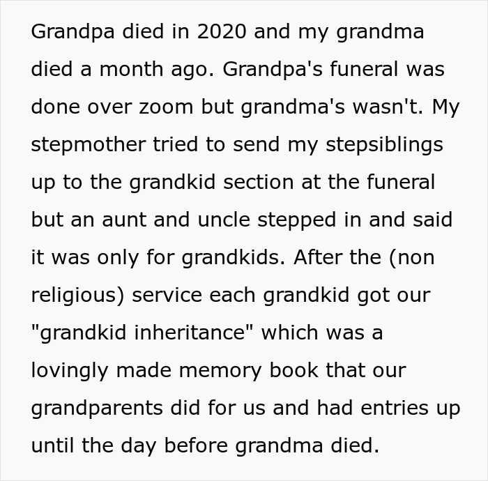 “AITA For Blaming Dad And Stepmom For Stepsiblings Thinking They Would Get Grandkid Inheritance?” “AITA For Blaming Dad And Stepmom For Stepsiblings Thinking They Would Get Grandkid Inheritance?”