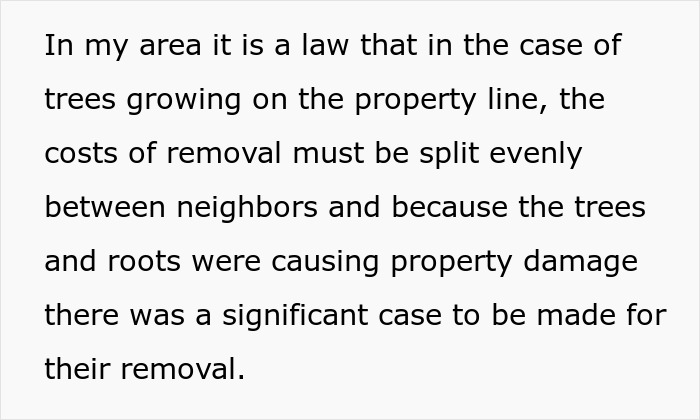 Text about property law and cost-sharing for tree removal between neighbors due to property damage. Text about property law and cost-sharing for tree removal between neighbors due to property damage.