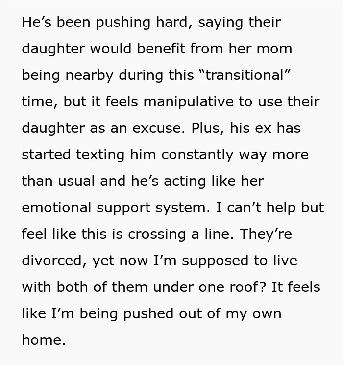 “I’m Being Pushed Out Of My Own Home”: Woman Refuses To Let Husband’s Ex Live With Them “I’m Being Pushed Out Of My Own Home”: Woman Refuses To Let Husband’s Ex Live With Them