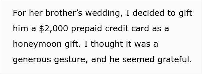 Text describing a $2,000 prepaid credit card as a wedding honeymoon gift, highlighting generosity and gratitude. Text describing a $2,000 prepaid credit card as a wedding honeymoon gift, highlighting generosity and gratitude.
