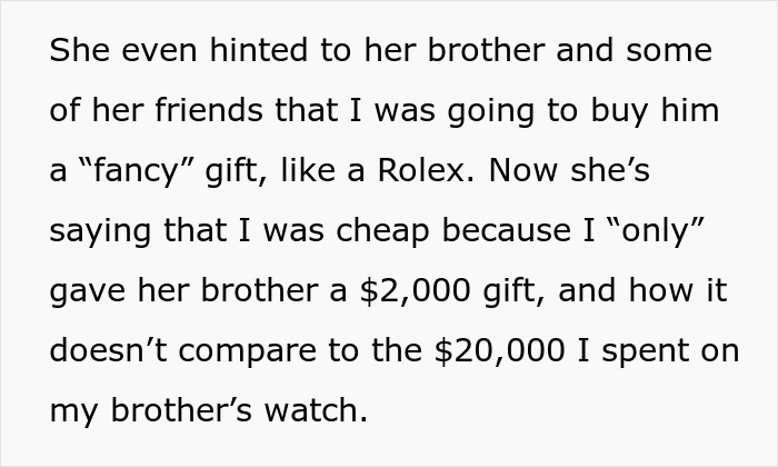 Text discussing a woman's entitled behavior regarding expensive wedding gifts and its impact on the relationship. Text discussing a woman's entitled behavior regarding expensive wedding gifts and its impact on the relationship.