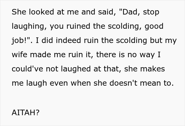 Text screenshot of a humorous family moment involving scolding gone awry. Text screenshot of a humorous family moment involving scolding gone awry.