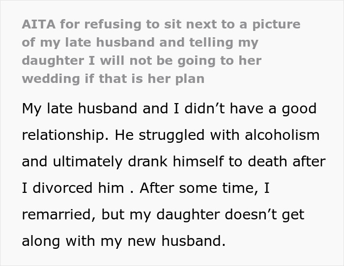 Woman Refuses To Sit Next To Late Husband’s Portrait, Boycotts Wedding Despite Daughter’s Pleas Woman Refuses To Sit Next To Late Husband’s Portrait, Boycotts Wedding Despite Daughter’s Pleas