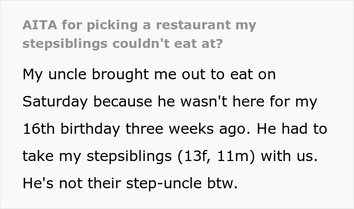Teen Never Eats At Favorite Restaurant Because Of Stepsiblings, Goes There For B-day, Dad Is Livid Teen Never Eats At Favorite Restaurant Because Of Stepsiblings, Goes There For B-day, Dad Is Livid