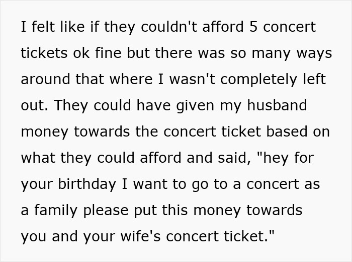 Woman Gets Left Out From A Concert As Her MIL Buys Tickets For Everyone But Her Woman Gets Left Out From A Concert As Her MIL Buys Tickets For Everyone But Her