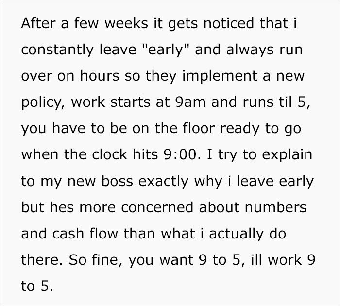 New Boss Forces 9-5 Work, Ends Up In A Costly No-Win Situation After Worker Maliciously Complies New Boss Forces 9-5 Work, Ends Up In A Costly No-Win Situation After Worker Maliciously Complies