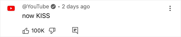 "YouTube comment reading 'now KISS' with 100K likes, related to Andrew Garfield and Amelia Dimoldenberg video. "YouTube comment reading 'now KISS' with 100K likes, related to Andrew Garfield and Amelia Dimoldenberg video.