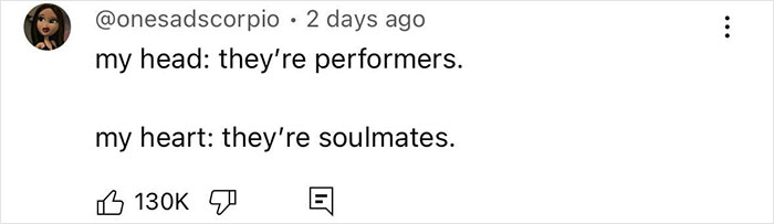 A social media comment comparing performers to soulmates, capturing fans' reaction to a seduction masterclass. A social media comment comparing performers to soulmates, capturing fans' reaction to a seduction masterclass.