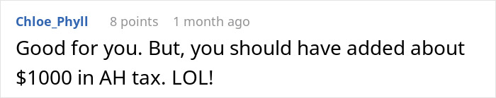 Screenshot of a comment about a homeowner owing $4K to a neighbor, mentioning a $1000 AH tax. Screenshot of a comment about a homeowner owing $4K to a neighbor, mentioning a $1000 AH tax.