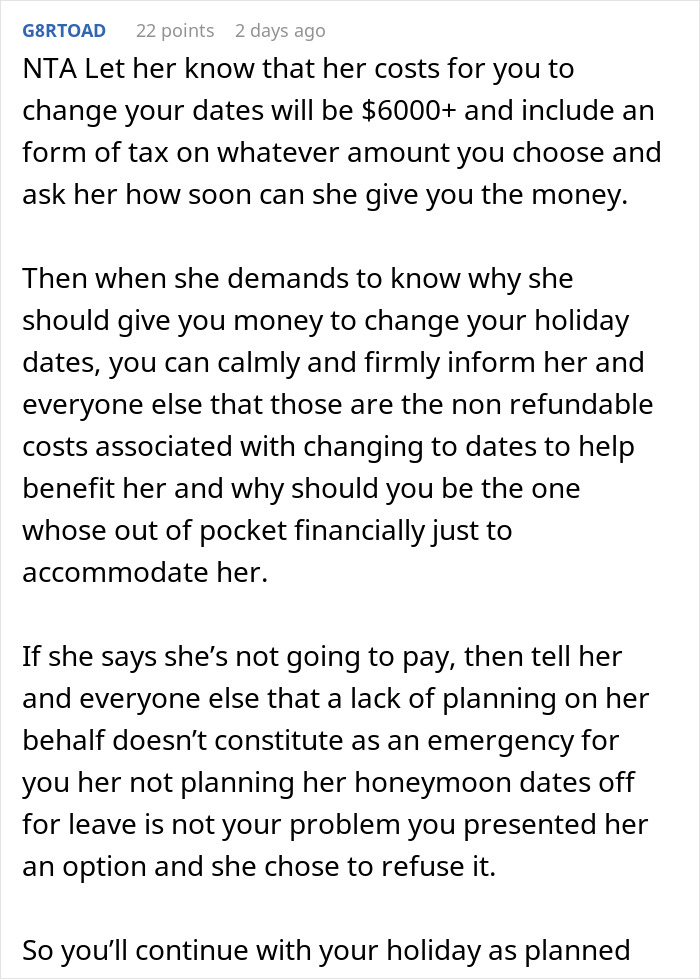 Person Plans Vacation Almost A Year In Advance, Is Chastised For Refusing To Switch With A Bride Person Plans Vacation Almost A Year In Advance, Is Chastised For Refusing To Switch With A Bride