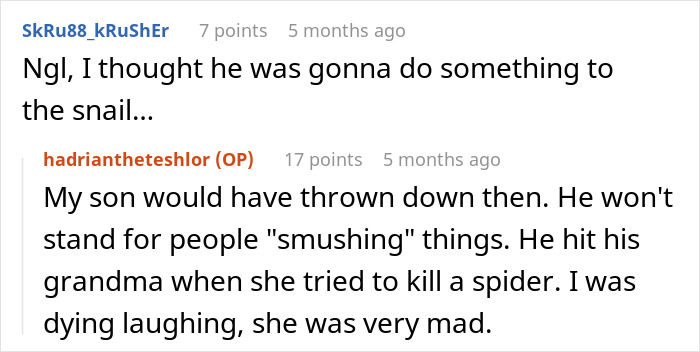 Comments discussing a child defending snails and spiders from harm. Comments discussing a child defending snails and spiders from harm.