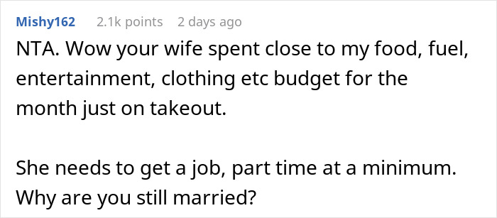 Wife Accuses Husband Of ‘Starving Her’ After He Cancels Credit Card Due To $1,176 Takeout Bill Wife Accuses Husband Of ‘Starving Her’ After He Cancels Credit Card Due To $1,176 Takeout Bill