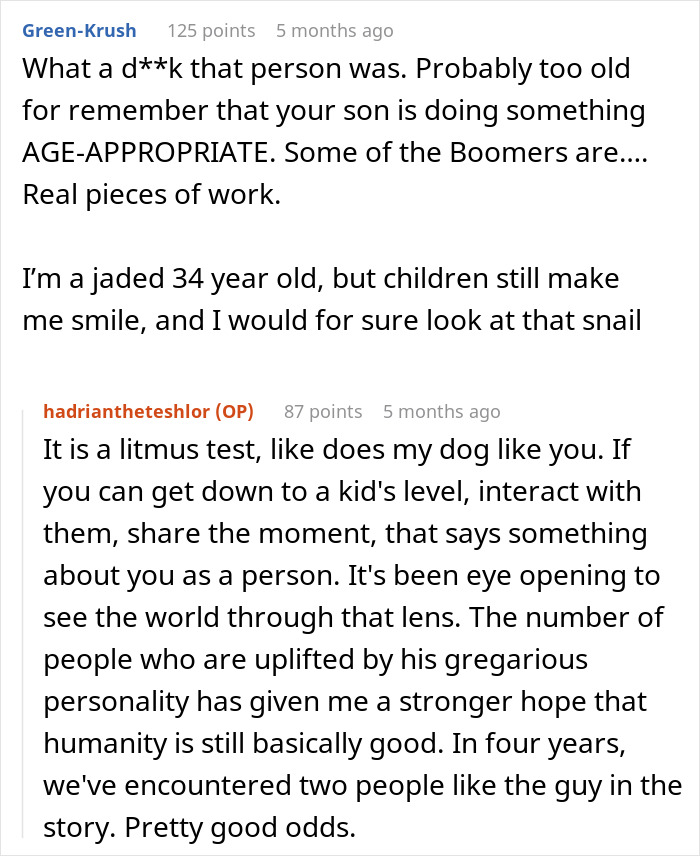 Text exchange discussing a 4YO's interaction with an older man and a snail, highlighting perspectives on kindness. Text exchange discussing a 4YO's interaction with an older man and a snail, highlighting perspectives on kindness.