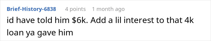 Comment about homeowner avoiding a $4k debt, suggesting $6k repayment with interest. Comment about homeowner avoiding a $4k debt, suggesting $6k repayment with interest.