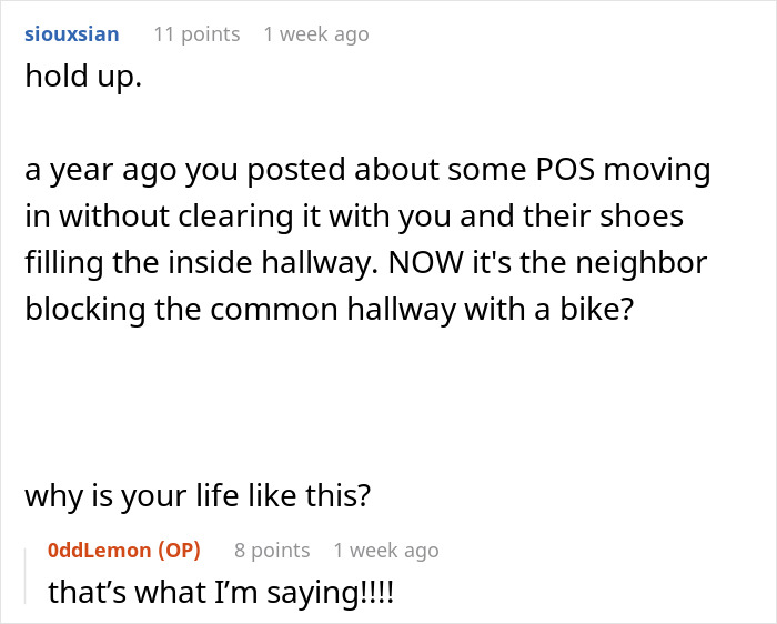 Guy Sick Of Lady's Bike Blocking Hall, Gets It Removed By Property Management As She Won't Listen Guy Sick Of Lady's Bike Blocking Hall, Gets It Removed By Property Management As She Won't Listen