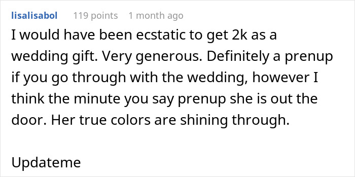 Text comment on wedding gift entitlement highlights relationship concerns. Text comment on wedding gift entitlement highlights relationship concerns.