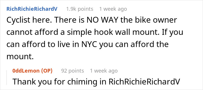Guy Sick Of Lady's Bike Blocking Hall, Gets It Removed By Property Management As She Won't Listen Guy Sick Of Lady's Bike Blocking Hall, Gets It Removed By Property Management As She Won't Listen
