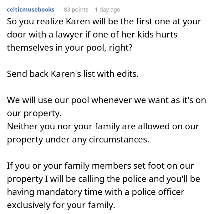 Woman Keeps Using Pool Without Asking, Comes Up With A List Of Rules For Owner To Follow Woman Keeps Using Pool Without Asking, Comes Up With A List Of Rules For Owner To Follow