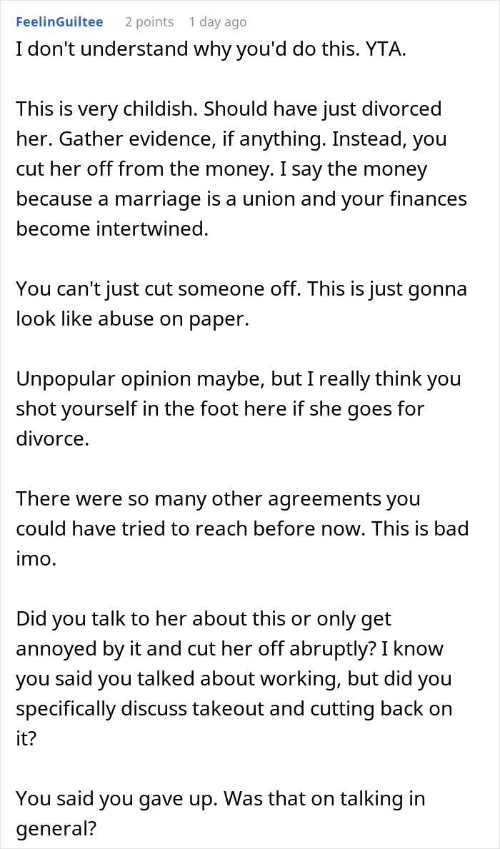 Wife Accuses Husband Of ‘Starving Her’ After He Cancels Credit Card Due To $1,176 Takeout Bill Wife Accuses Husband Of ‘Starving Her’ After He Cancels Credit Card Due To $1,176 Takeout Bill