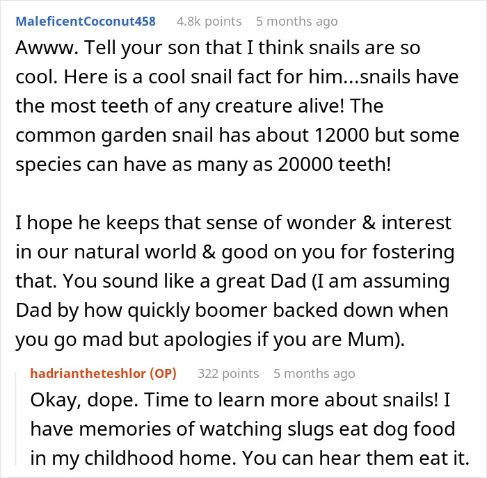 Reddit comment thread about a child's interest in snails and a dad's reaction. Reddit comment thread about a child's interest in snails and a dad's reaction.
