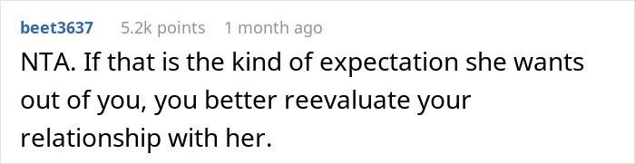 Comment questioning a woman's expectations about wedding gifts, advising the groom to reevaluate their relationship. Comment questioning a woman's expectations about wedding gifts, advising the groom to reevaluate their relationship.